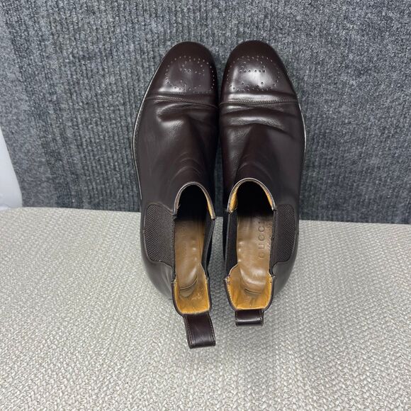 Gucci Zowie Chelsea Boots Brown Leather Pull On Brogue GG Logo 699527 Sz 43 US 9